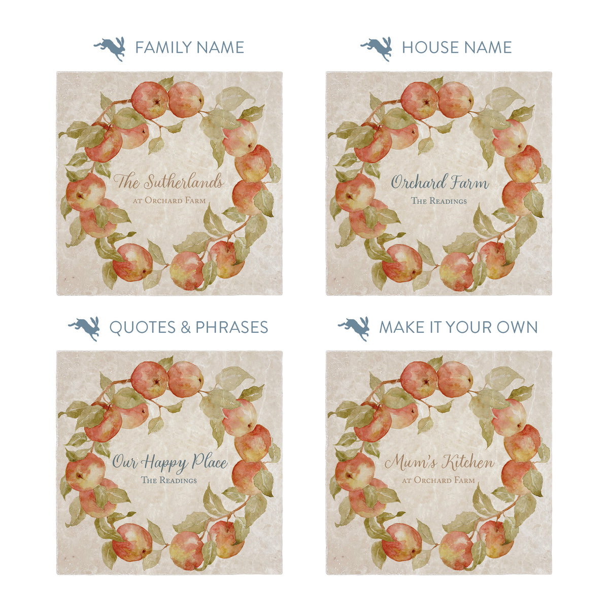 Apple Wreath vintage design which can be personalised and used as a Splashback tile make it your own with your own text.