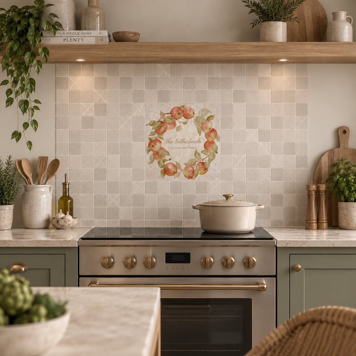 Personalised fruit wreath wall tile, used as a splashback tile. Personalise with family name, house name or special phrase 