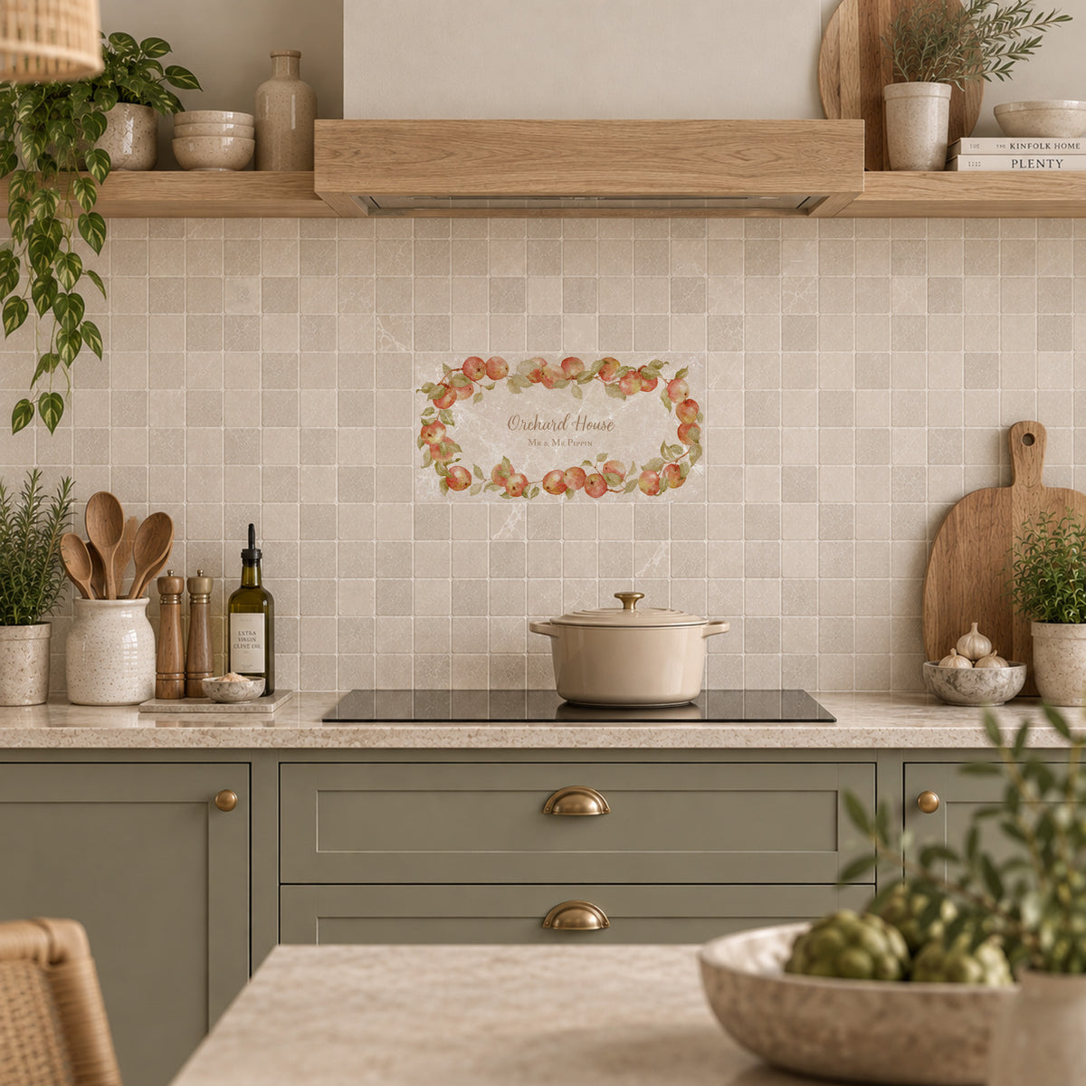 Personalised fruit wreath wall tile, used as a splashback tile. Personalise with family name, house name or special phrase 