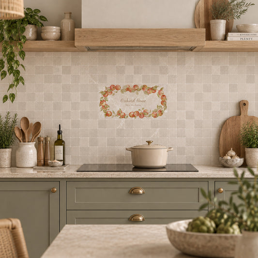 Personalised fruit wreath wall tile, used as a splashback tile. Personalise with family name, house name or special phrase 