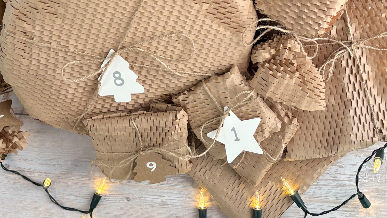 The Humble Hare's 12 Days of Christmas Advent Calendar. Wrapped in brown paper and tied with string.