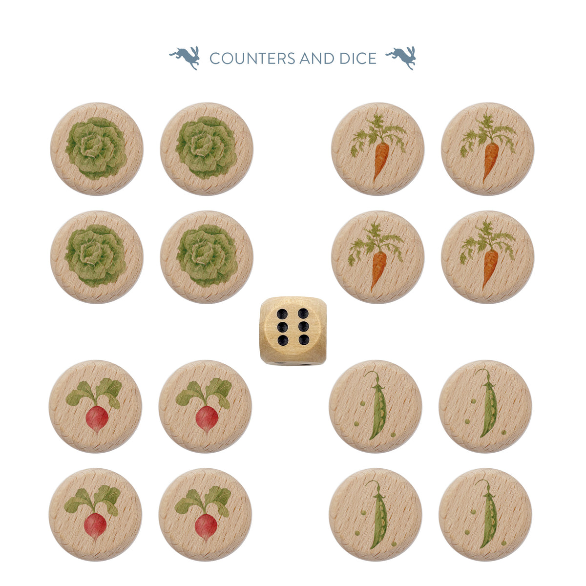 A set of Ludo game counters and dice. The wooden counters feature cabbages, carrots, radishes and peas. 