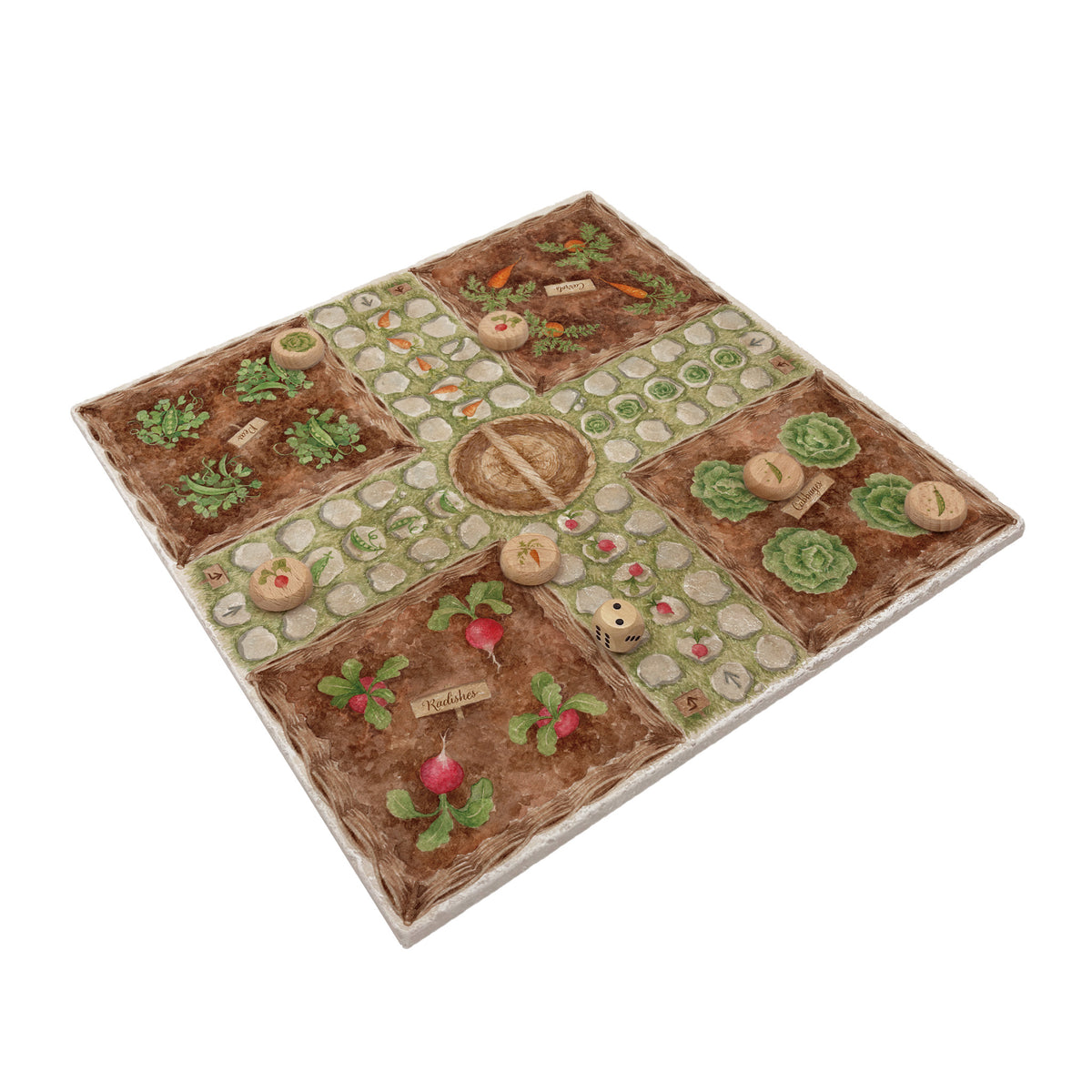 An allotment themed Ludo marble board game with wooden counters decorated with vegetables.