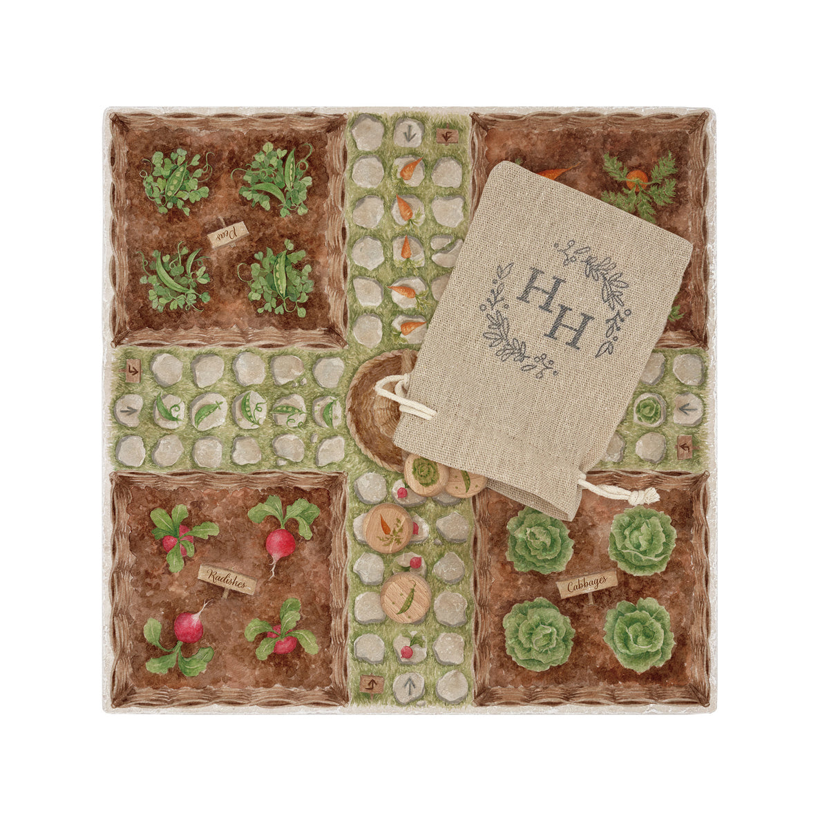 An allotment themed marble Ludo board with a cotton bag of wooden counters. The wooden counters are decorated with vegetables including a cabbage, carrot, radish and peas.