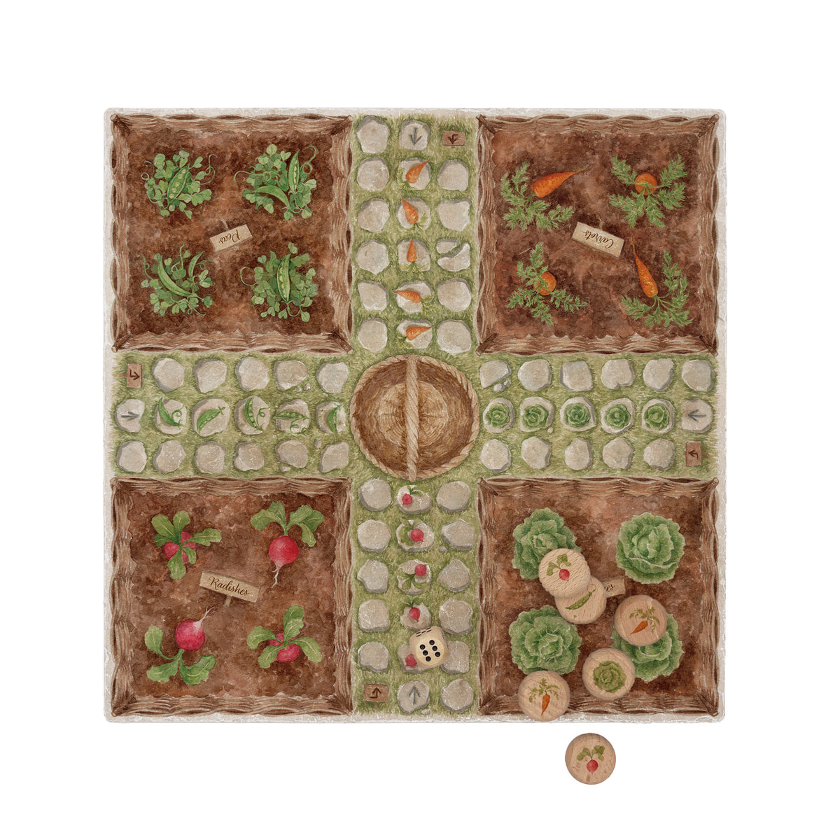 An allotment themed marble Ludo board with a wooden dice and counters. The wooden counters are decorated with vegetables including a cabbage, carrot, radish and peas.