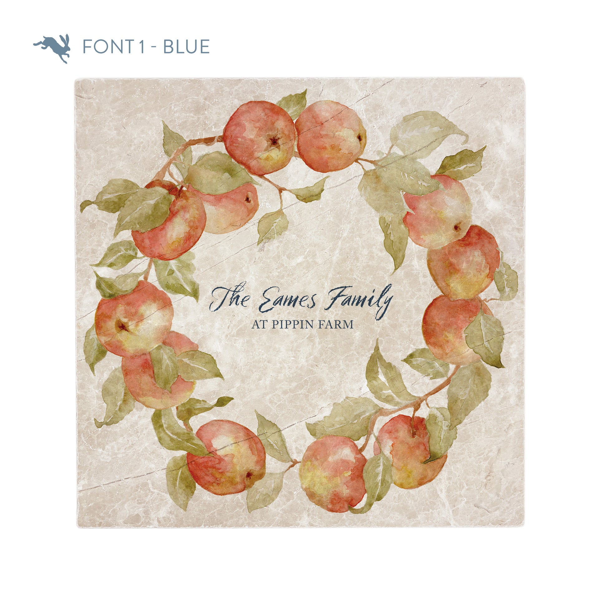 A large square personalised marble placemat with an apple wreath design. The placemat is personalised with a family name and farm name  in a dark blue brush script font.