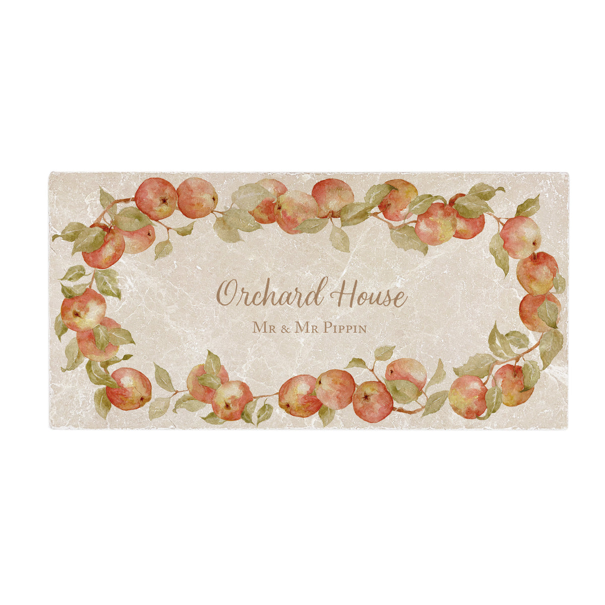 Personalised fruit wreath wall tile, used as a splashback tile. Personalise with family name, house name or special phrase 
