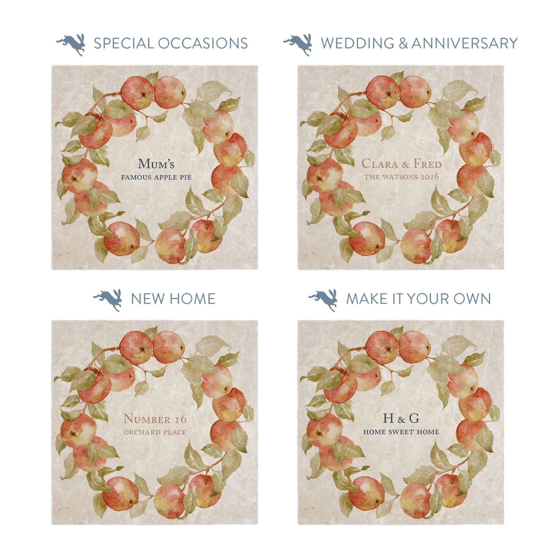 Collection of large marble platters showing the personalisation options available for all occasions including birthdays, weddings, anniversaries and new home gifts.