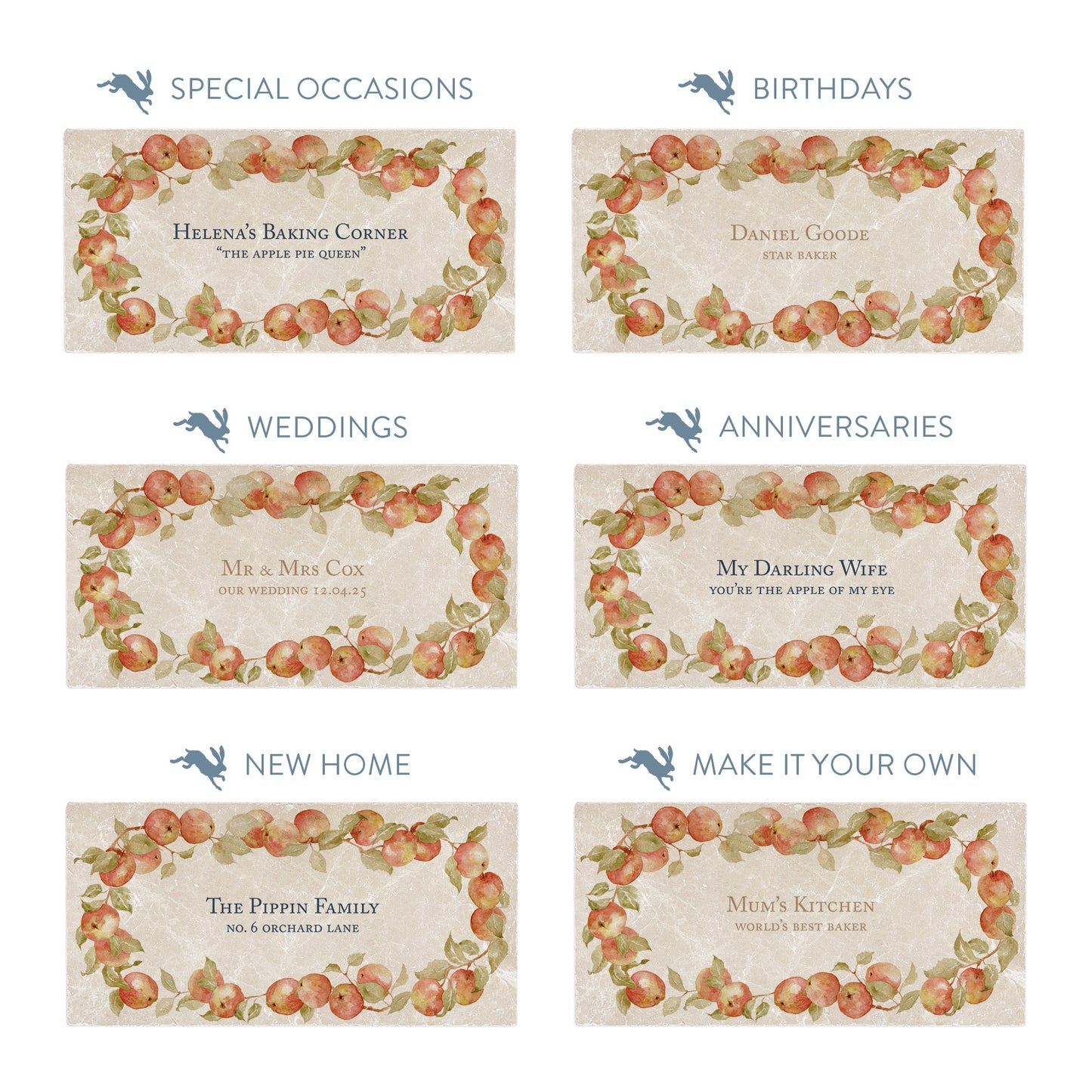 Collection of marble sharing platters showing the personalisation options available for all occasions including birthdays, weddings, anniversaries and new home gifts.