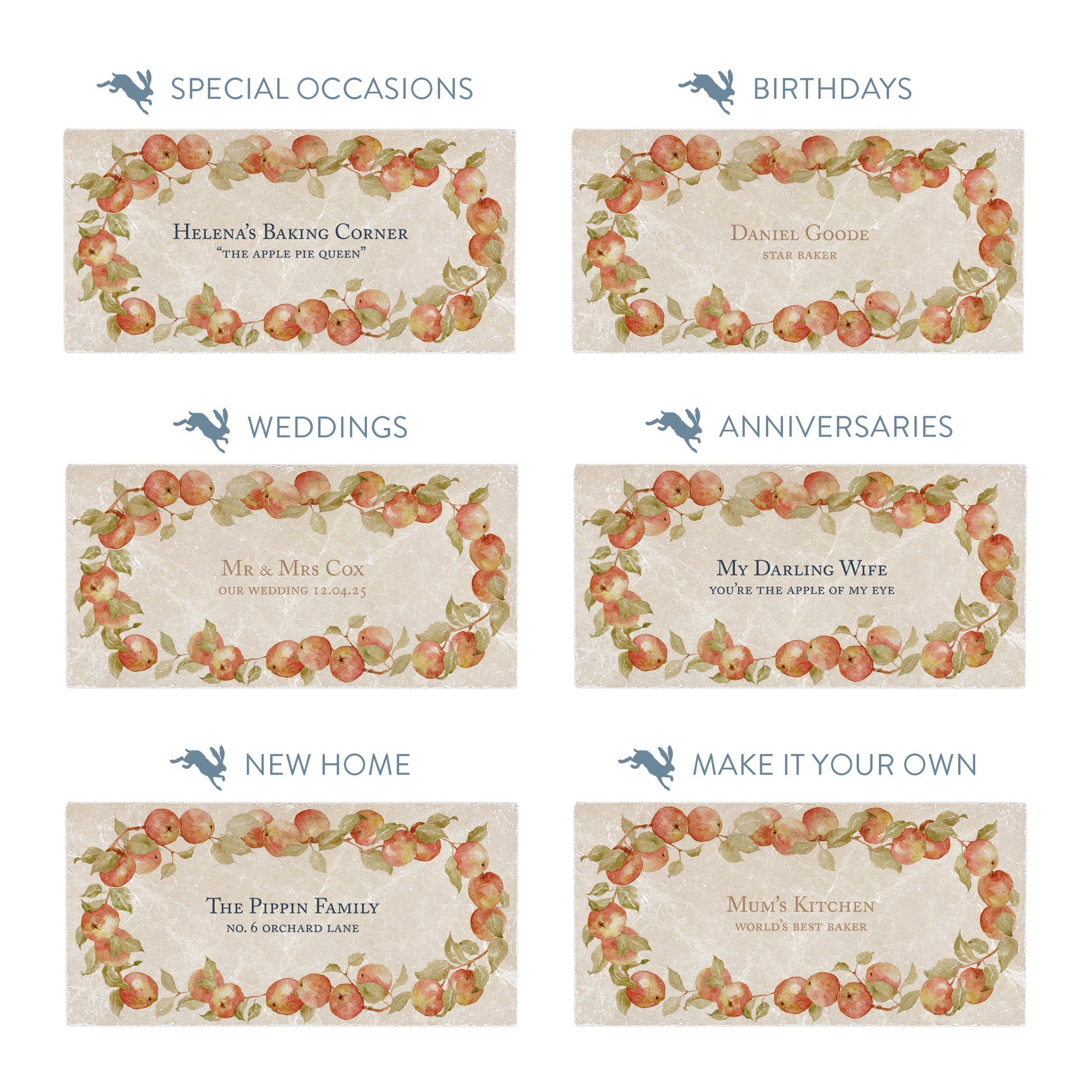 Collection of marble sharing platters showing the personalisation options available for all occasions including birthdays, weddings, anniversaries and new home gifts.