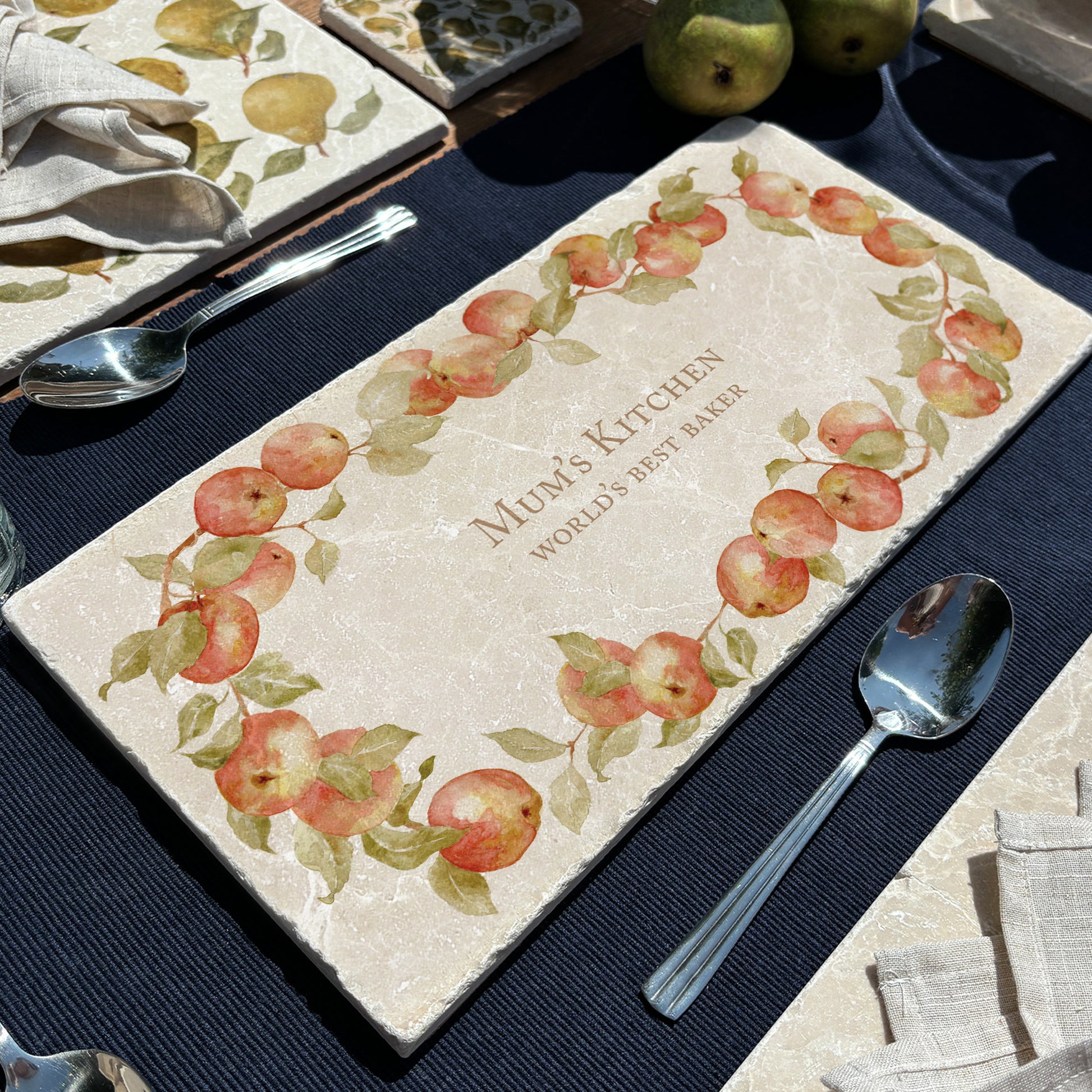 A personalised marble sharing platter with an apple wreath watercolour design. Create a personalised serving platter, trivet or cheeseboard as a luxury gift.