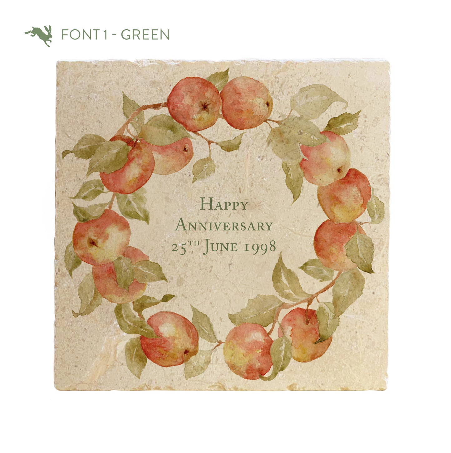 A large marble platter featuring a wreath of apples and leaves, personalised with a bespoke anniversary date in the centre of the platter in a green font.