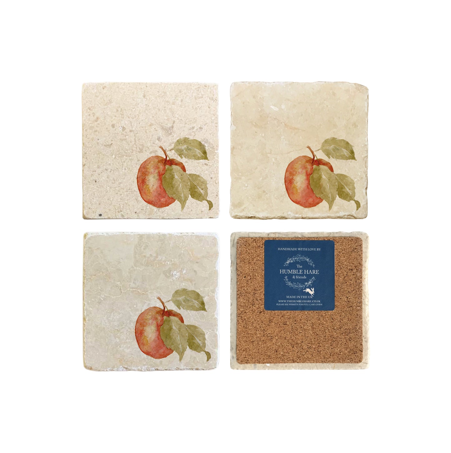 A set of 4 square marble coasters, featuring a single watercolour apple. One coaster is flipped to show that the coasters are backed with cork.