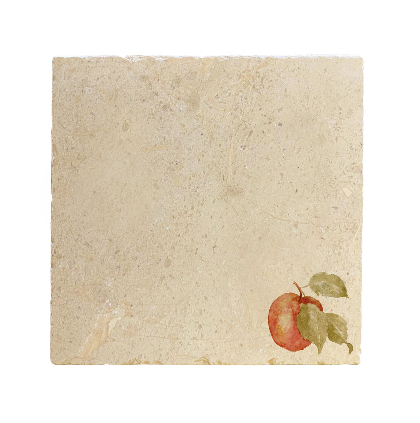 A large square marble placemat, featuring a watercolour single apple design