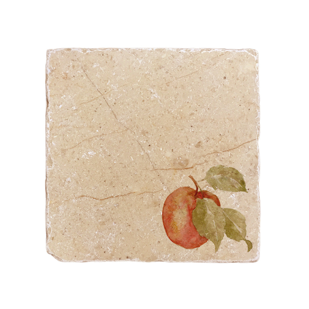 A medium square multipurpose marble platter, featuring a watercolour design of a single apple with leaves.