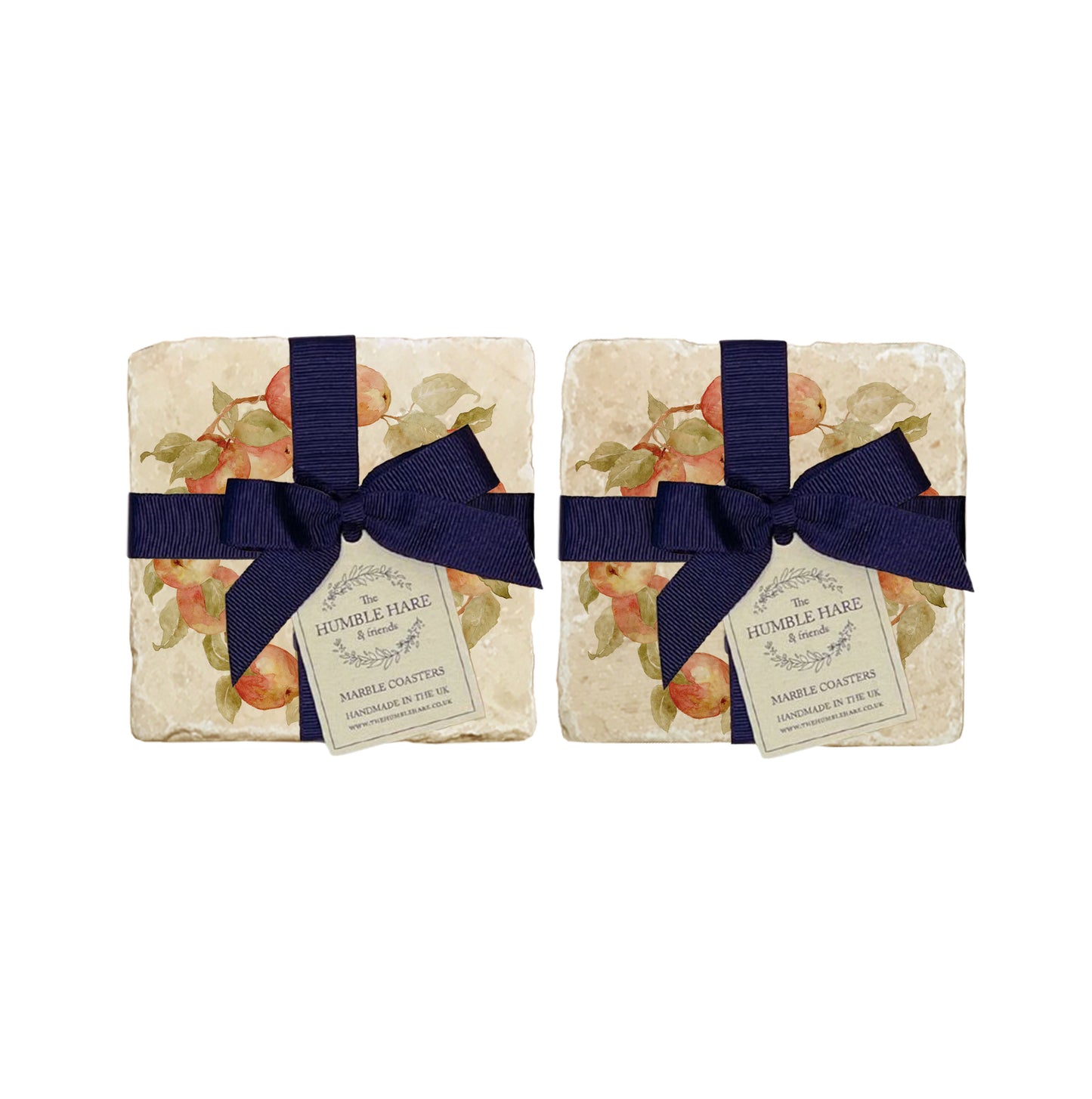 A set of 4 handmade marble coasters featuring a vintage watercolour apple wreath design, packaged in 2 pairs, with a luxurious blue bow and gift tag.