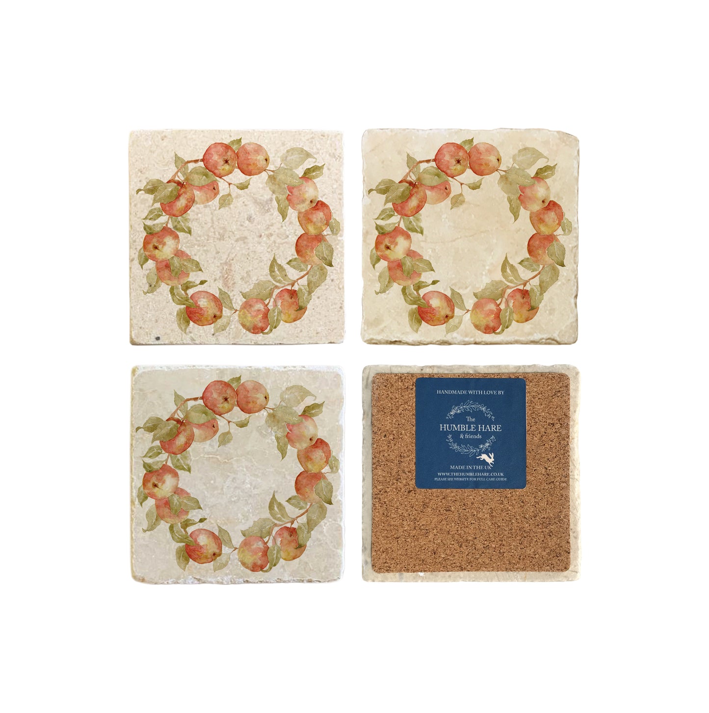 A set of 4 square marble coasters, featuring a watercolour apple wreath design. One coaster is flipped to show that the coasters are backed with cork.