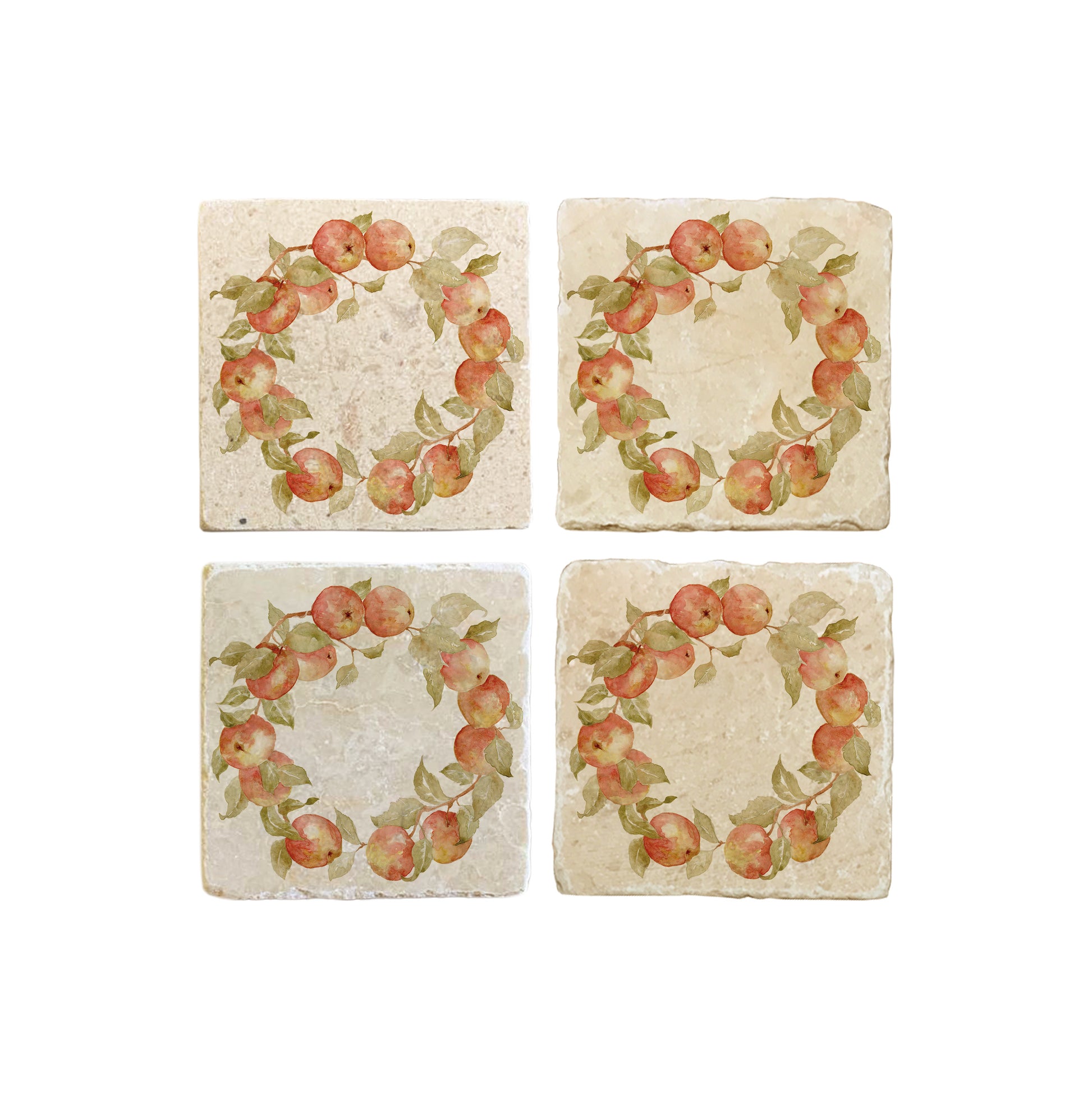 A set of 4 square marble coasters, featuring a rustic watercolour apple wreath.