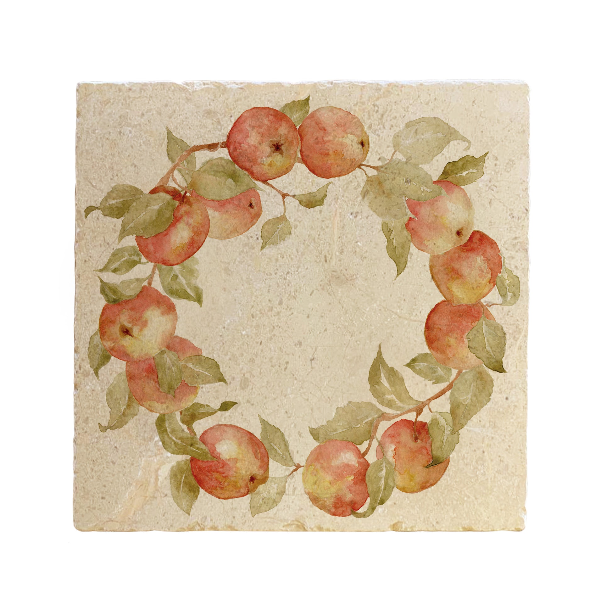 A large square marble placemat, featuring a vintage watercolour apple wreath design.