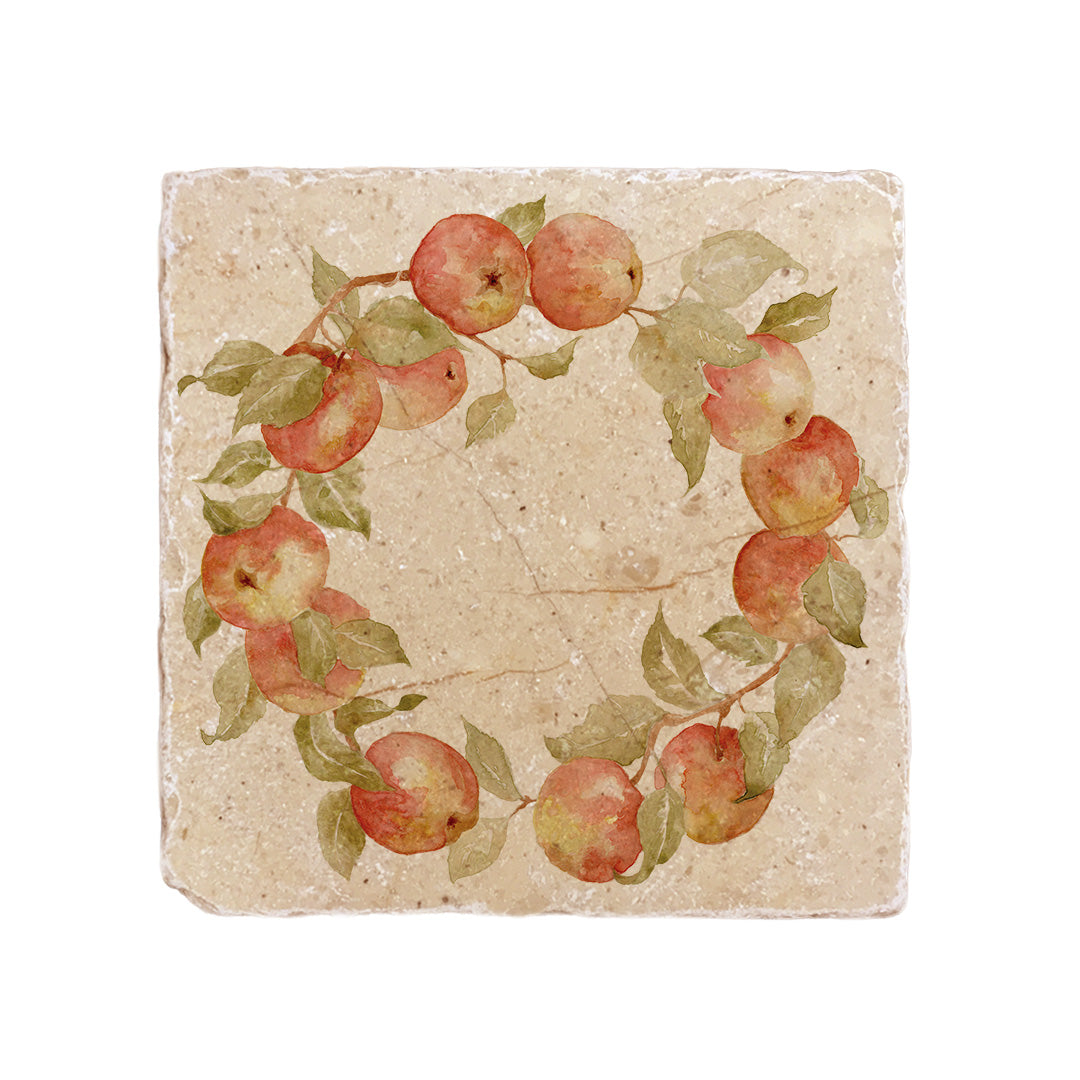 A medium handmade multipurpose marble platter, featuring a watercolour apple wreath design.