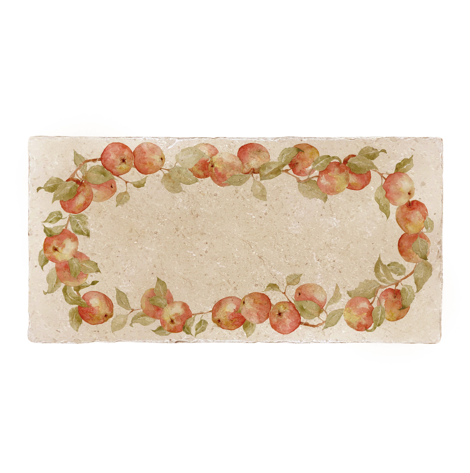 A rectangular marble sharing platter, featuring a watercolour apple wreath design that frames the platter.