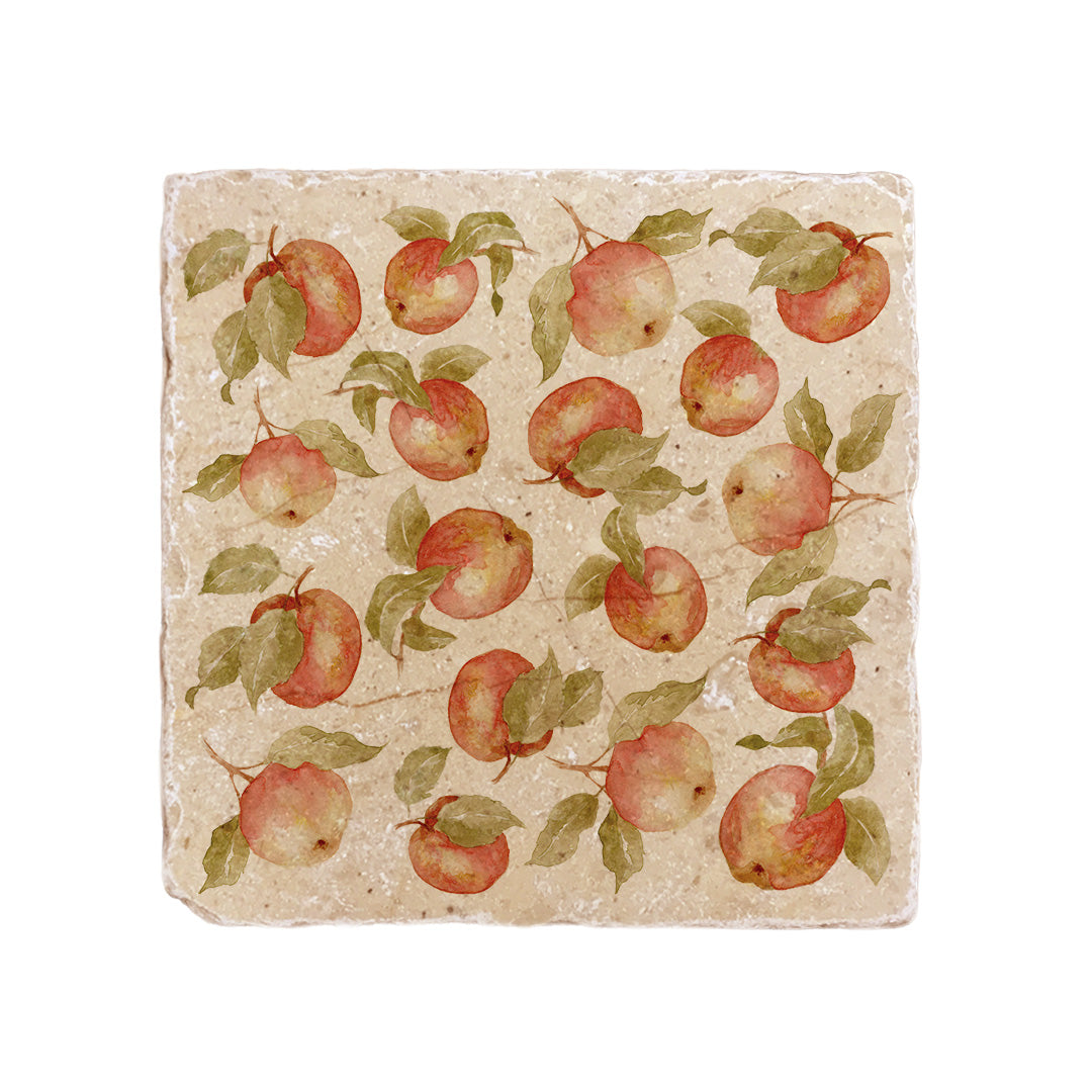 A handmade cream marble 20x20cm wall tile with a maximalist watercolour apple pattern.