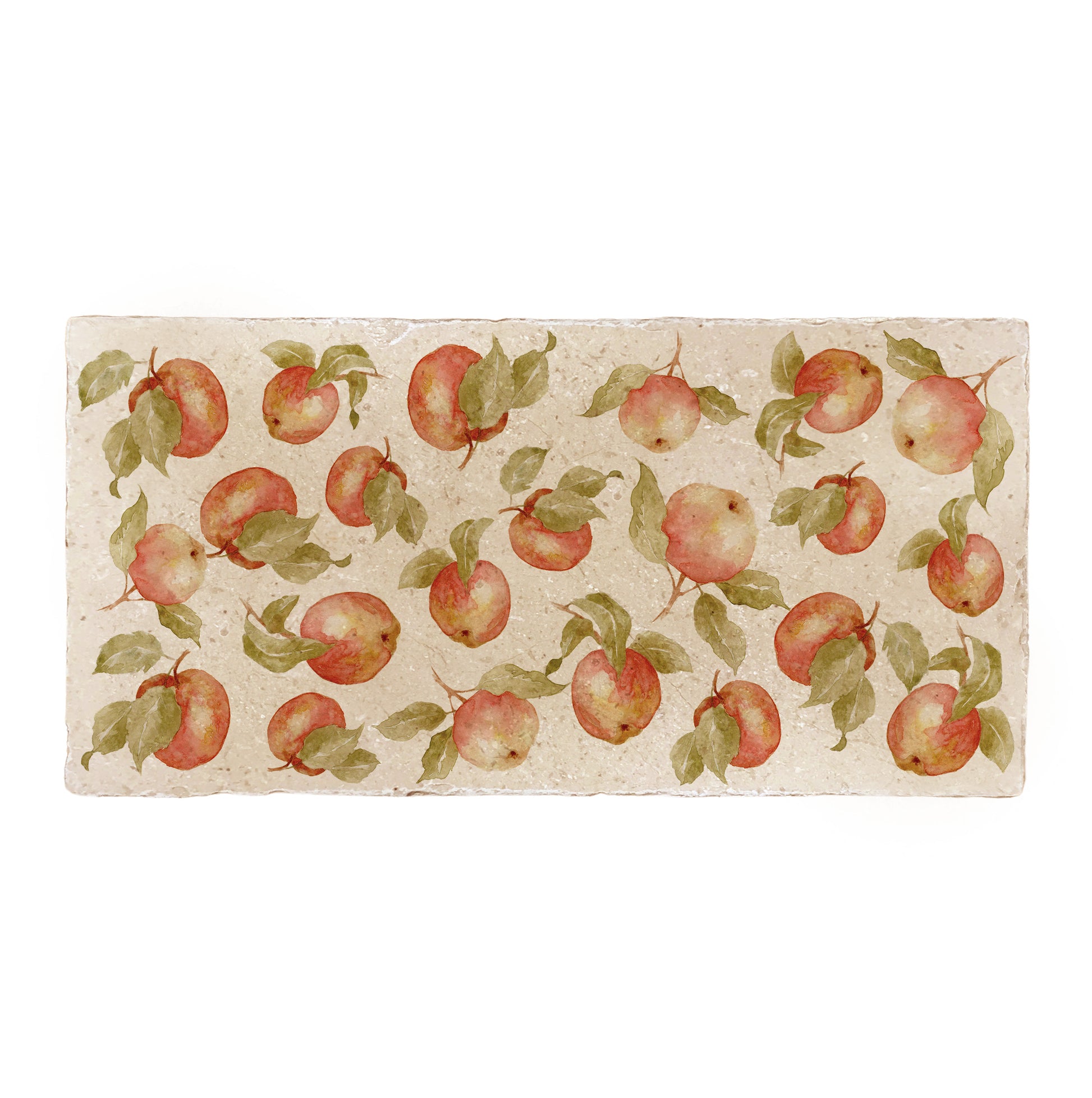 A handmade cream marble 20x40cm wall tile with a maximalist watercolour apple pattern.