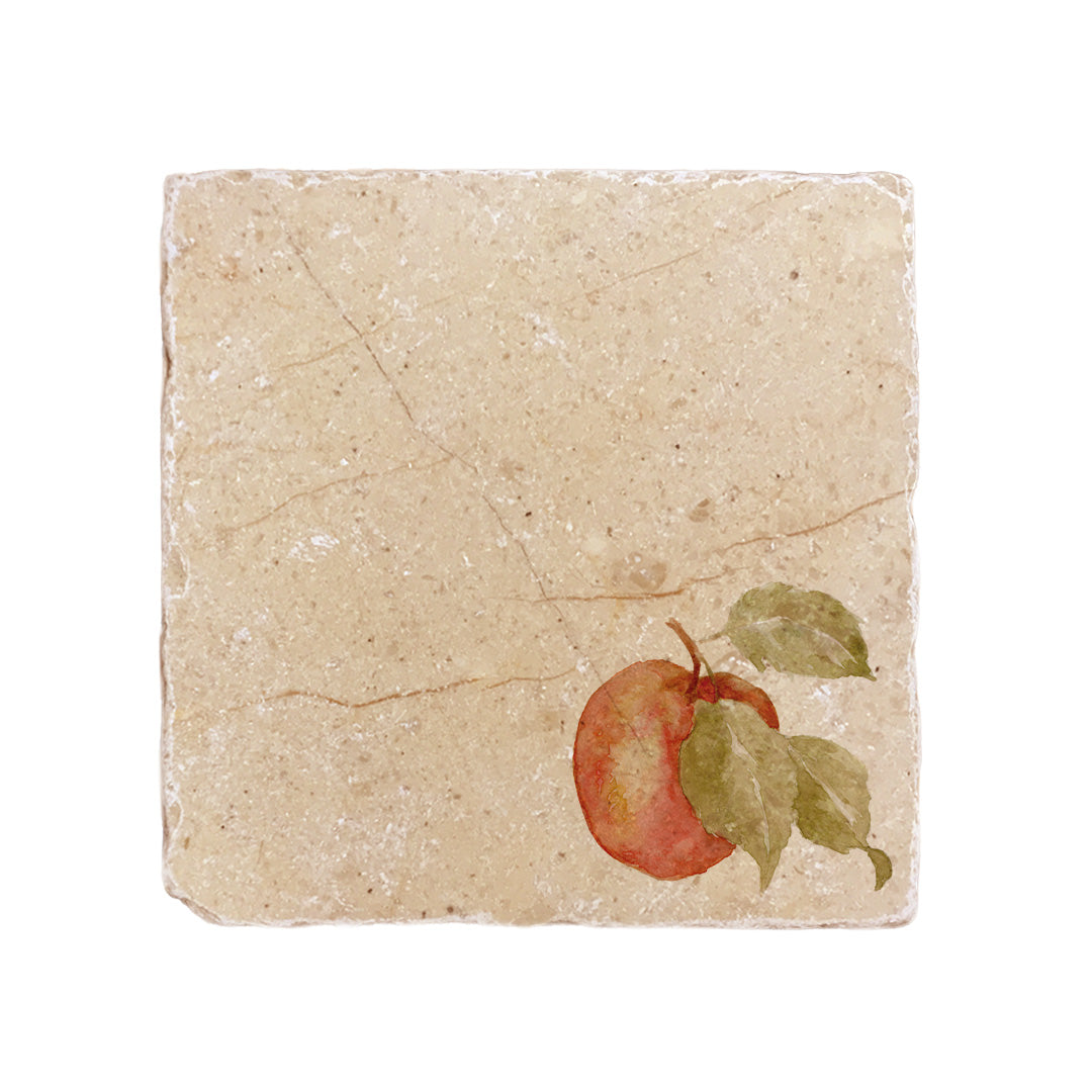 A cream marble 20x20cm wall tile with a minimalistic watercolour apple design.