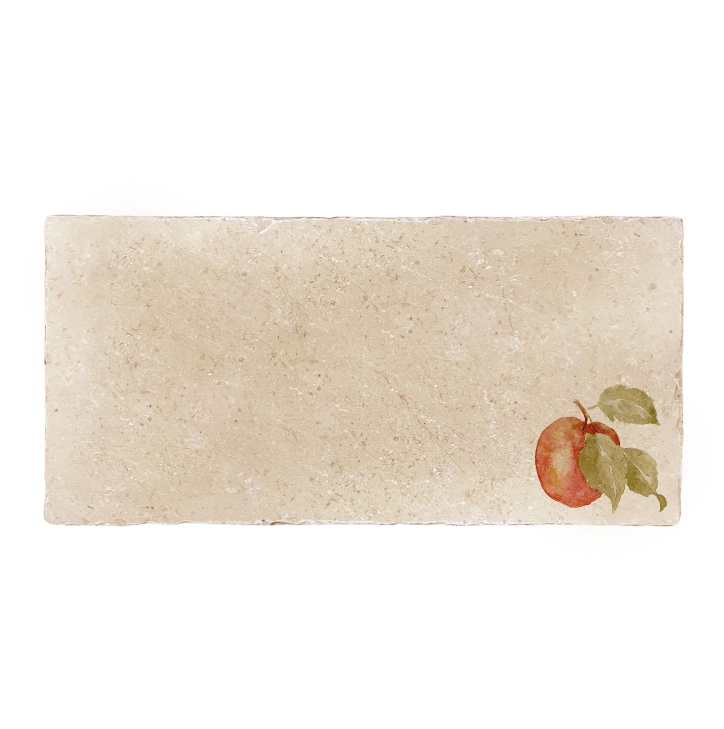 A handmade cream marble 20x40cm wall tile with a minimalistic watercolour apple design.