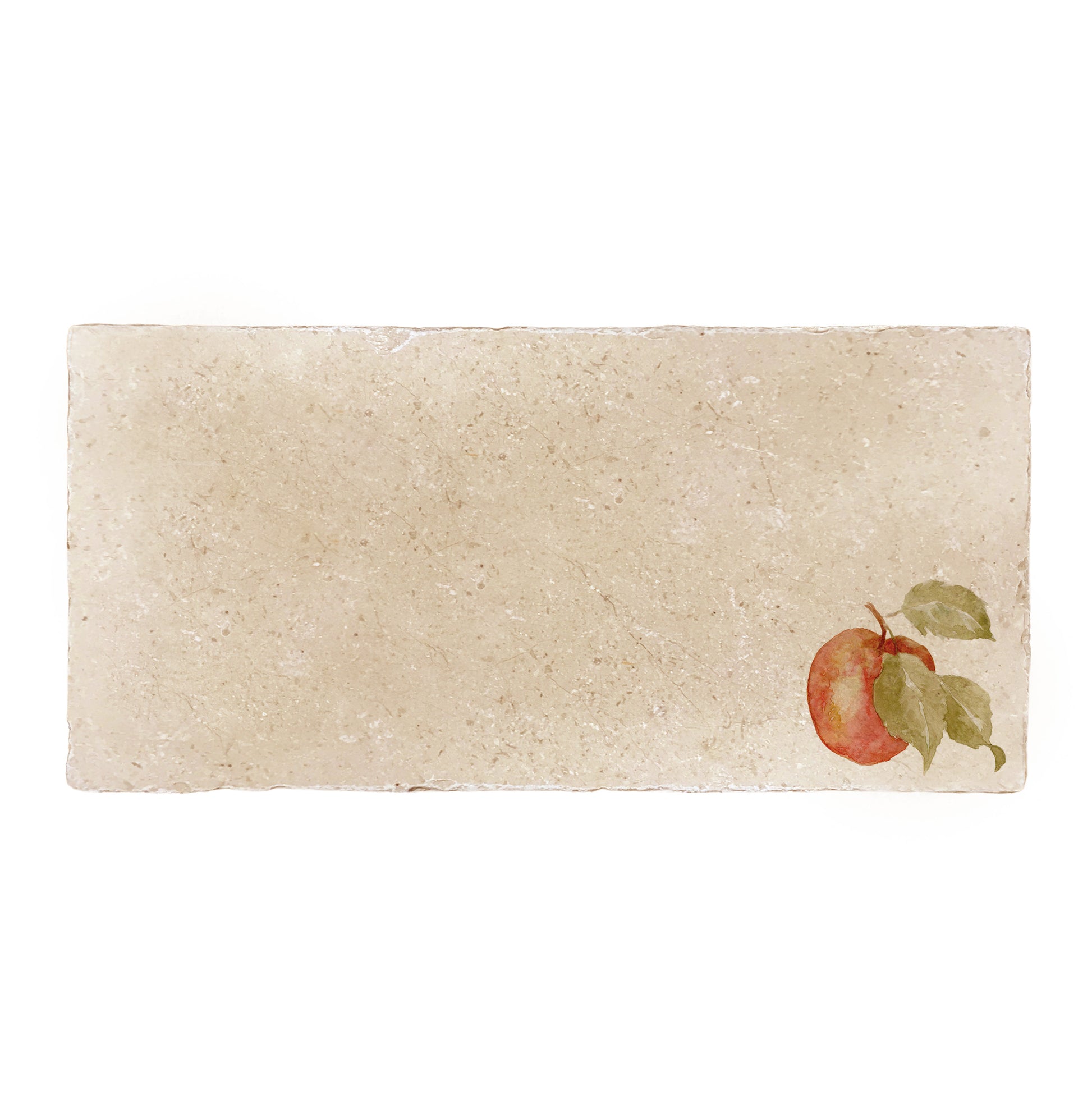 A handmade cream marble 20x40cm wall tile with a minimalistic watercolour apple design.