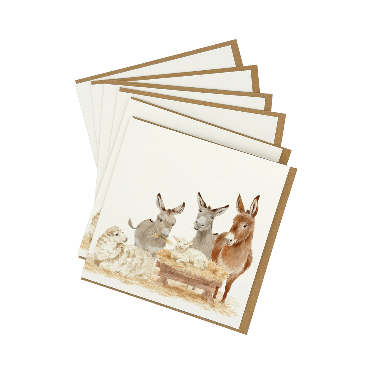A pack of 6 square greeting cards fanned out on a white background, each featuring a watercolour illustration of animals around a manger scene, with brown kraft envelopes visible behind them.