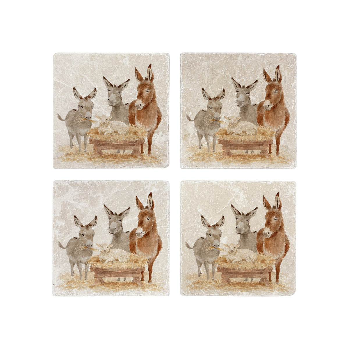 As set of four square marble coasters, each with a watercolour illustration of a nativity scene of donkeys and a lamb in a manger.