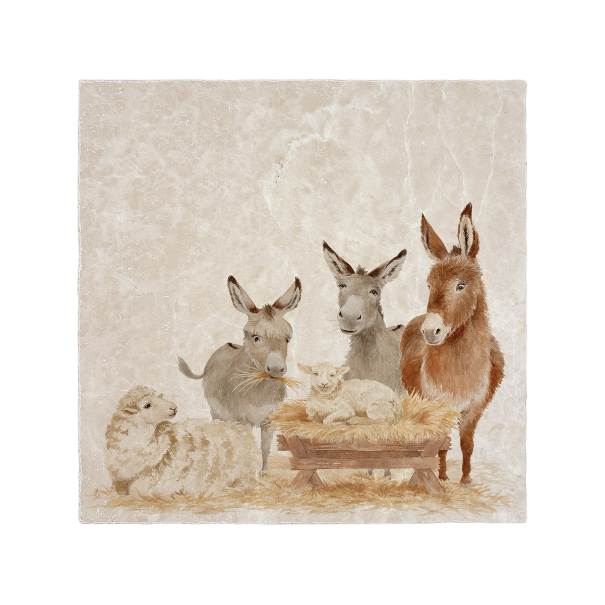 A large square marble platter featuring a rustic nativity scene illustration with three donkeys, a sheep, and a baby lamb in a wooden manger.