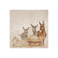 A square marble platter featuring a Nativity scene illustration with three donkeys, a sheep, and a lamb in a manger.