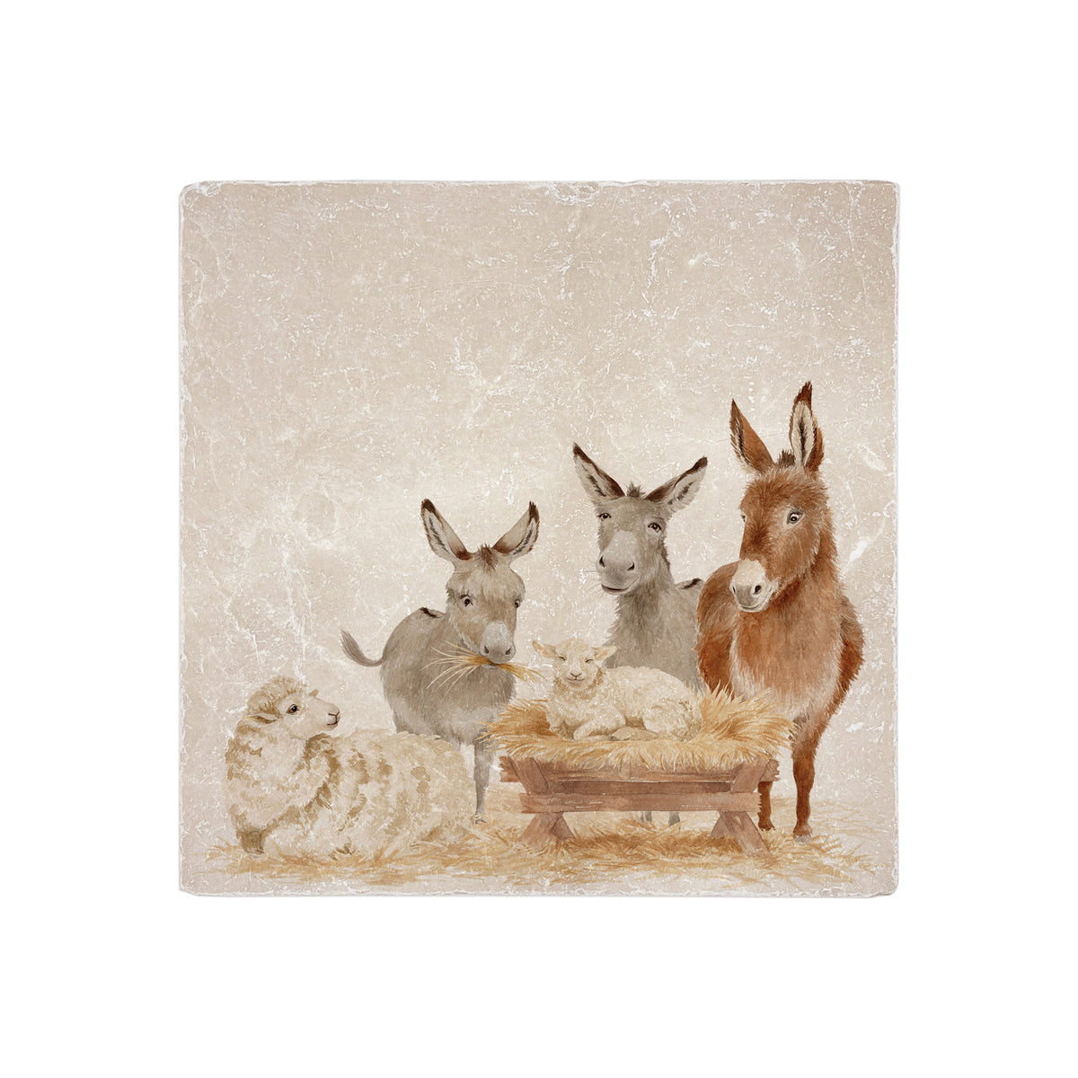 A square marble platter featuring a Nativity scene illustration with three donkeys, a sheep, and a lamb in a manger.