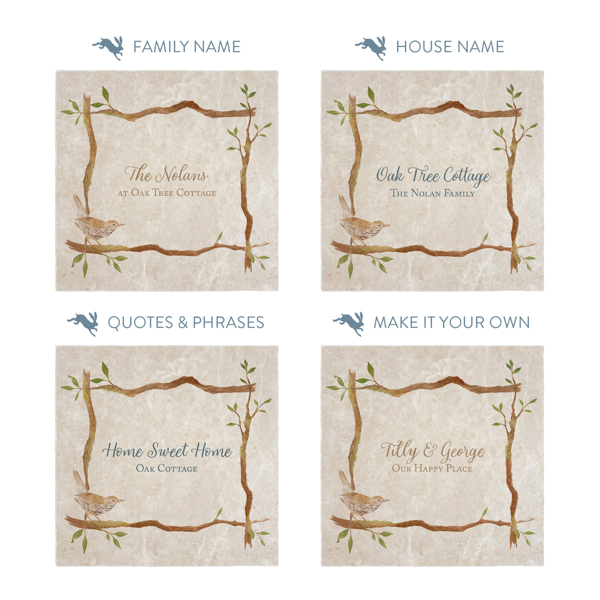 Branches and Bird design personalised Splashback tile make it your own with your own text.
