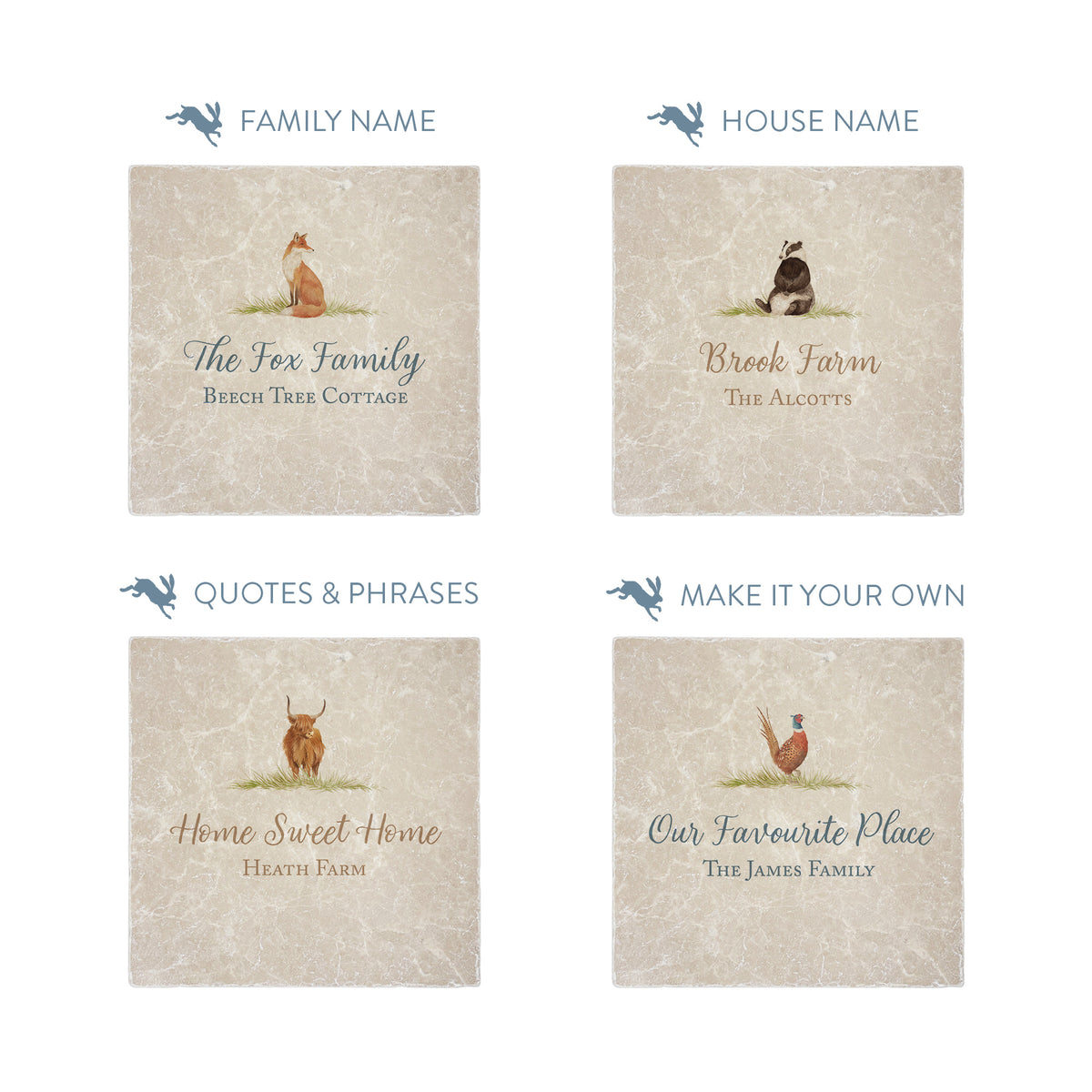 Personalised tiles showing colour and personalisation options 