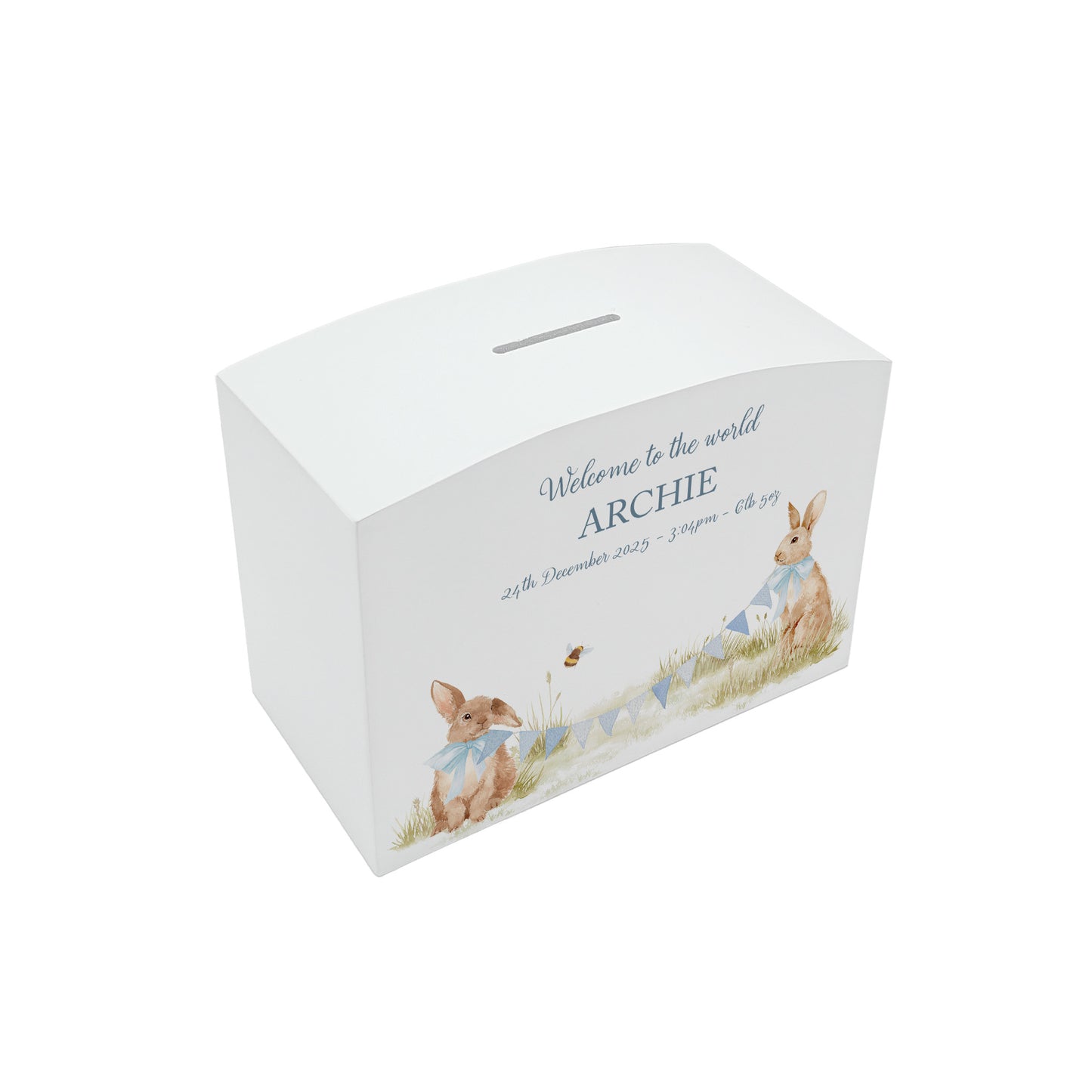 Personalised white arched wooden money box. Featuring baby bunnies, personalise with children's name, date of birth, and weight. 