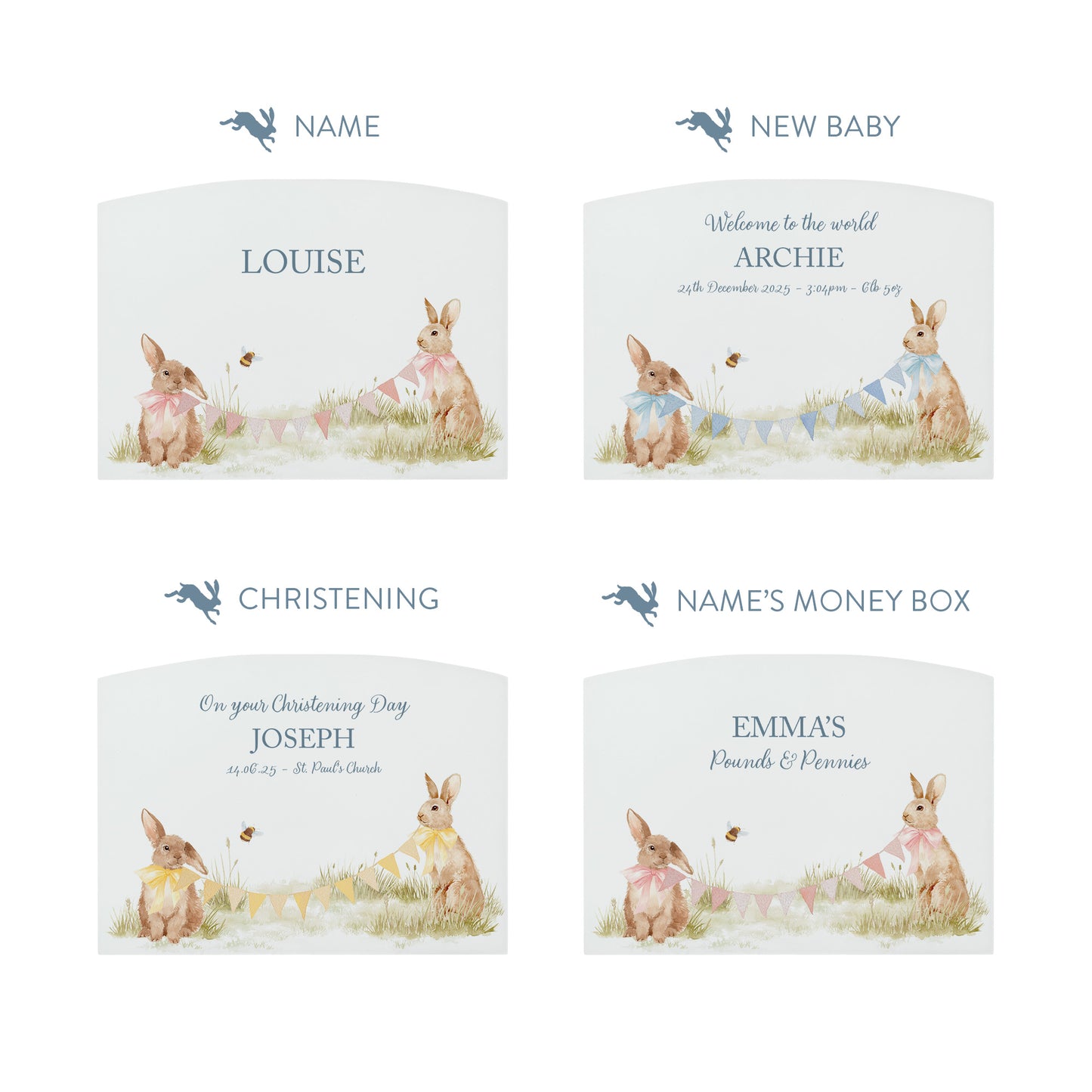 Personalised white arched wooden money box. Featuring baby bunnies, personalise with children's name, date of birth, and weight. 
