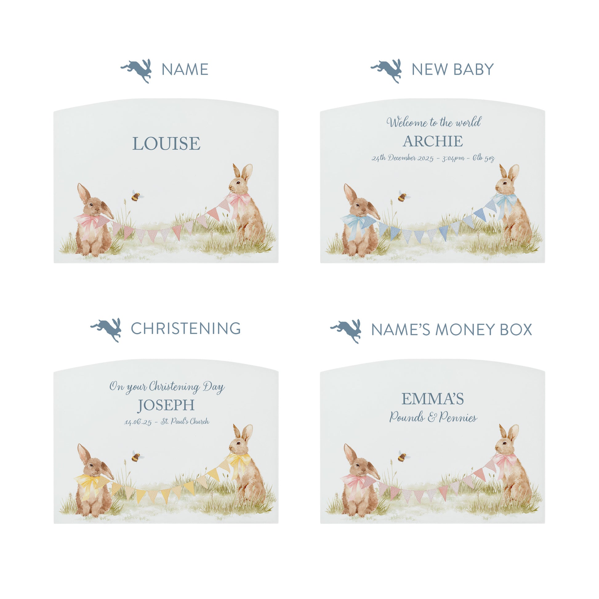 Personalised white arched wooden money box. Featuring baby bunnies, personalise with children's name, date of birth, and weight. 