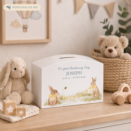 Personalised white arched wooden money box. Featuring baby bunnies, personalise with children's name, date of birth, and weight. 