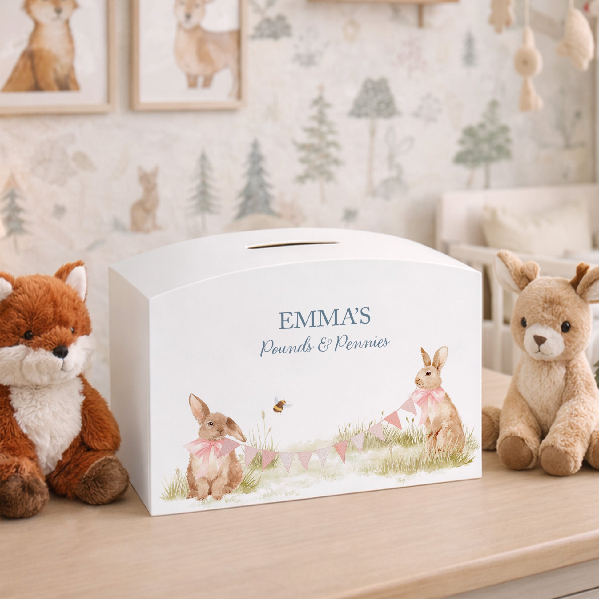 Personalised white arched wooden money box. Featuring baby bunnies, personalise with children's name, date of birth, and weight. 
