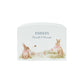 Personalised white arched wooden money box. Featuring baby bunnies, personalise with children's name, date of birth, and weight. 