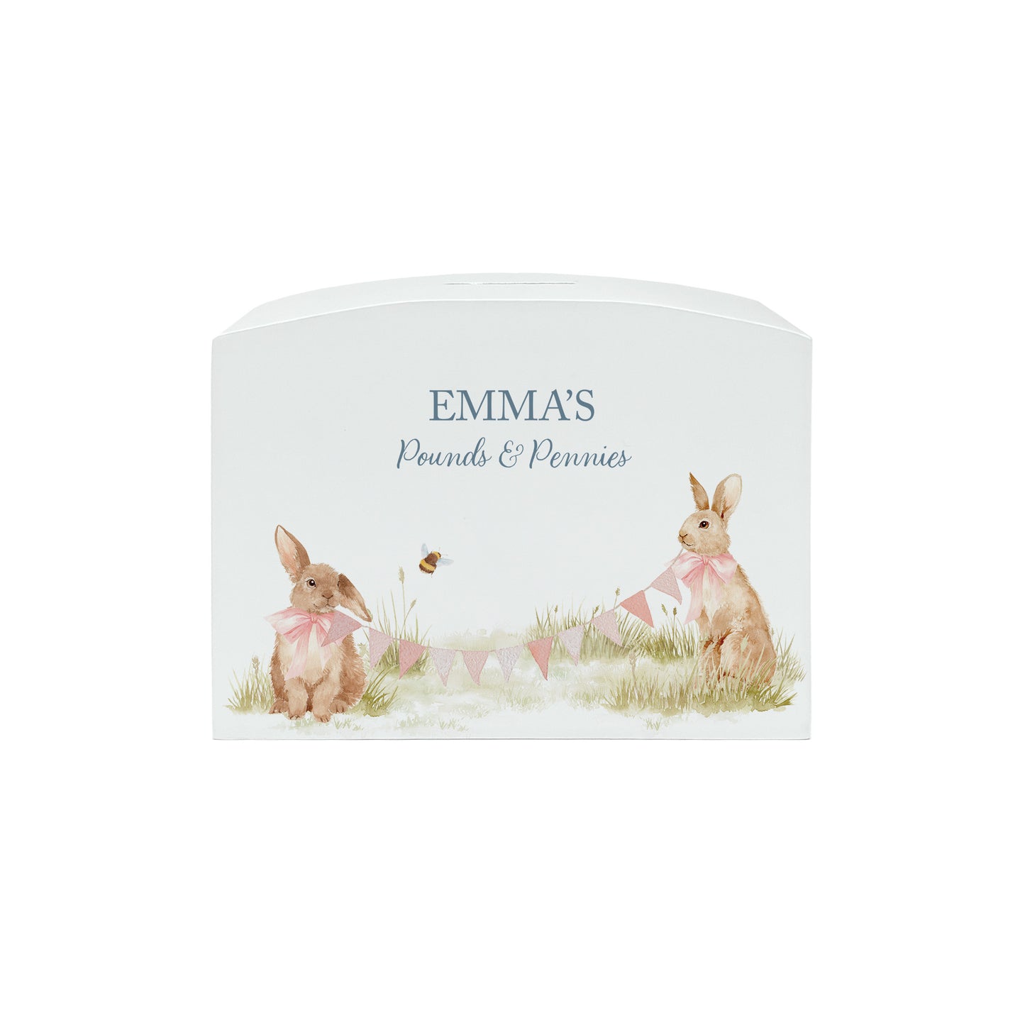 Personalised white arched wooden money box. Featuring baby bunnies, personalise with children's name, date of birth, and weight. 