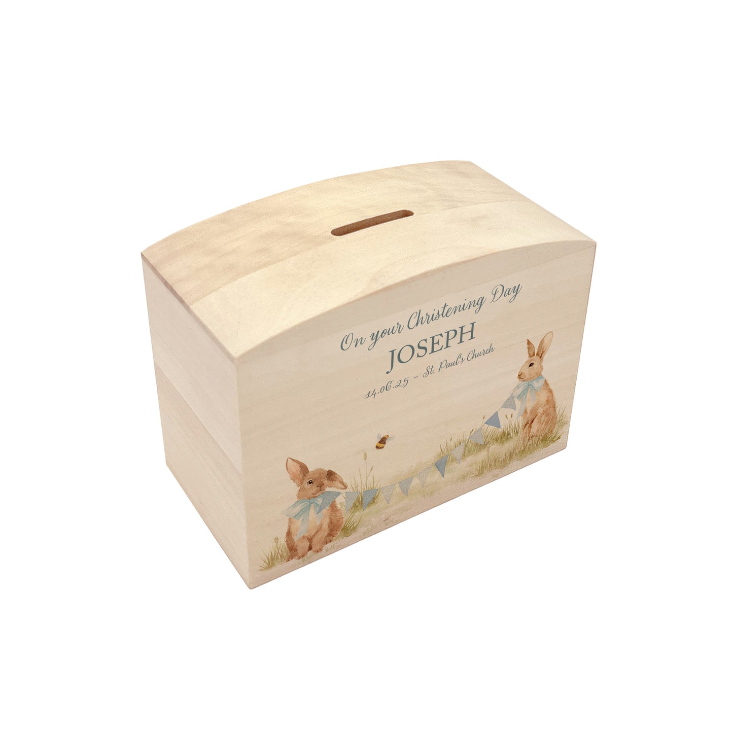 Bunnies with bunting and bows in a water colour design, the perfect money box for your little savers. Newborn, birthday and christening gift. 