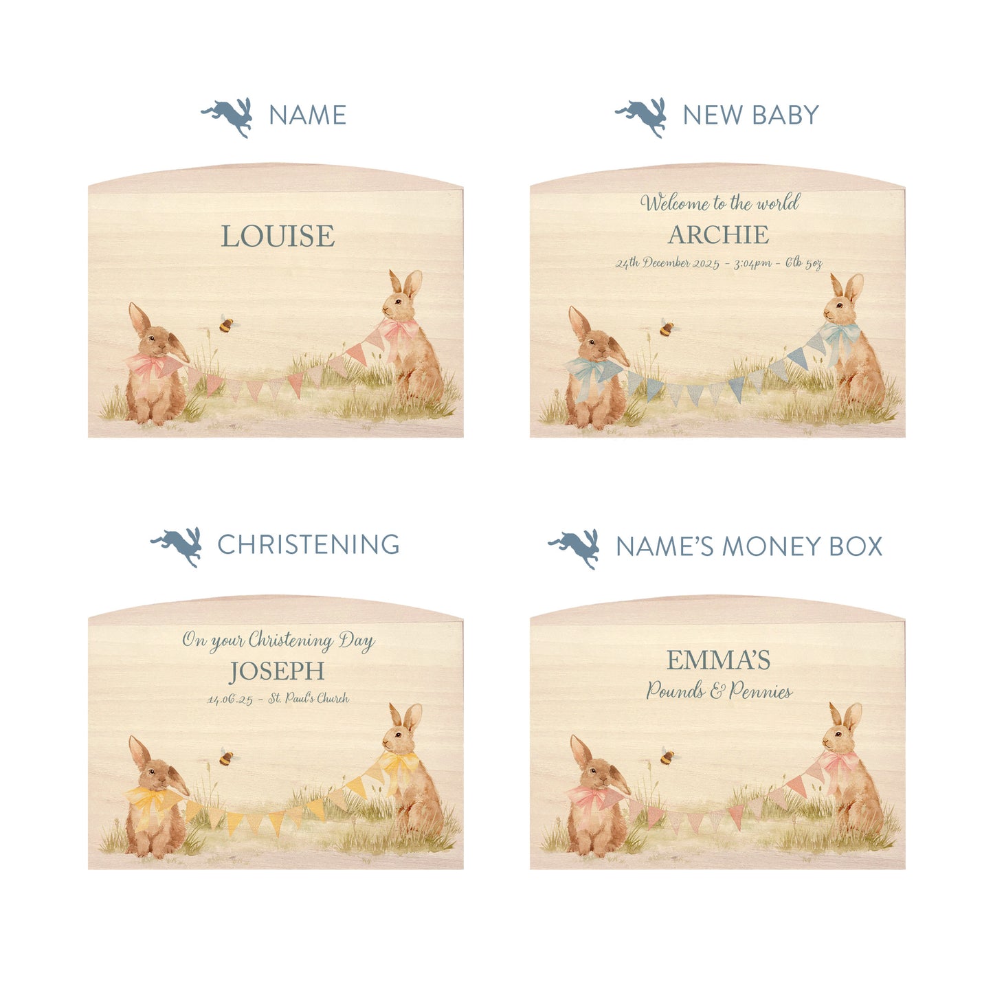 Bunnies with bunting and bows in a water colour design, the perfect money box for your little savers. Newborn, birthday and christening gift. 