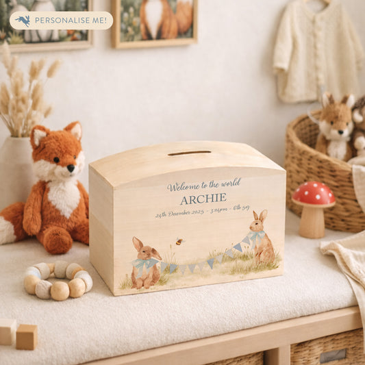 Bunnies water colour design, the perfect money box for your little savers. Newborn, birthday and christening gift. 