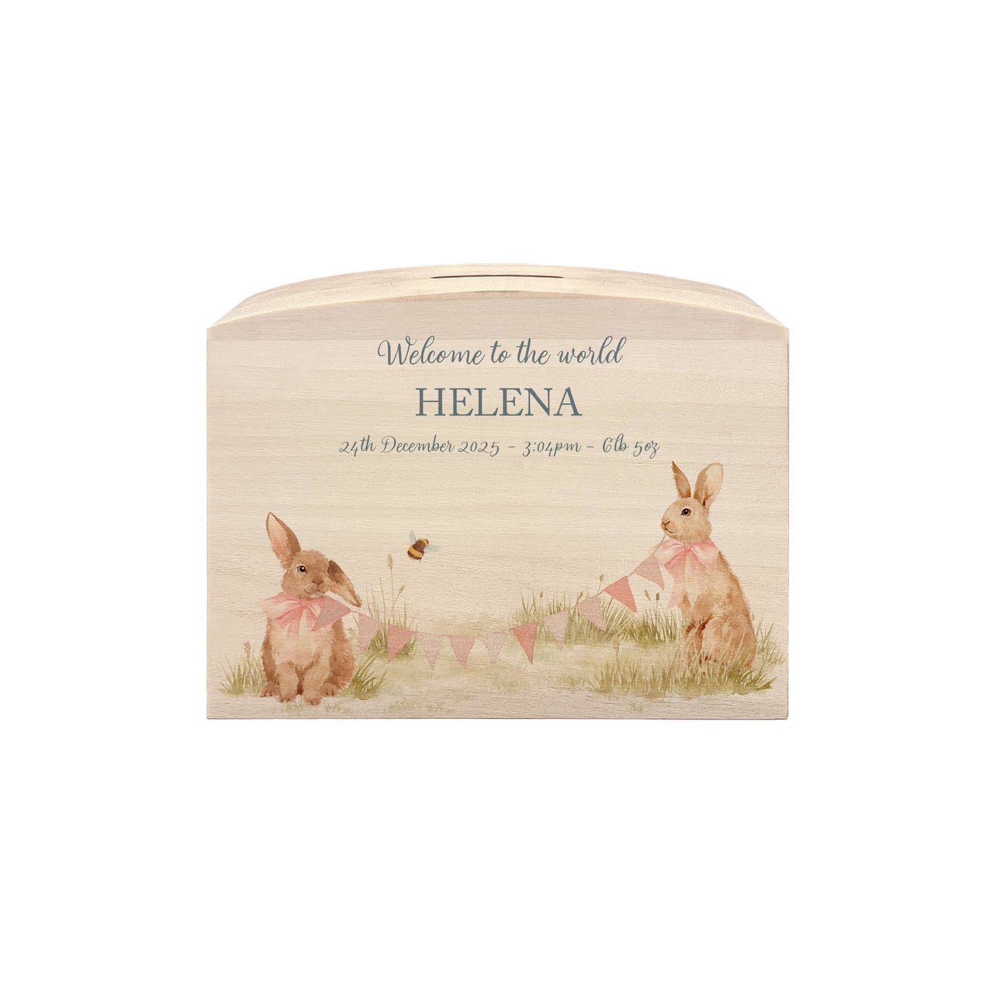 Bunnies with bunting and bows in a water colour design, the perfect money box for your little savers. Newborn, birthday and christening gift. 