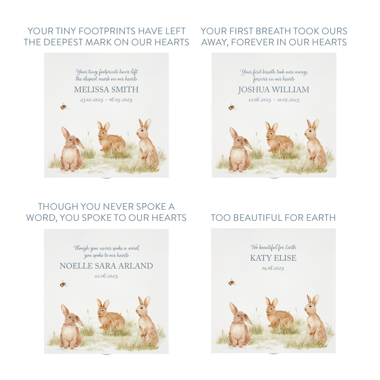 White Square personalised Wooden box with a decorative lid featuring illustrations Baby Bunnies Perfect funeral memory keepsake box, for storing ashes, order of service, flowers and coping with baby loss capturing your loved ones things in one place. 