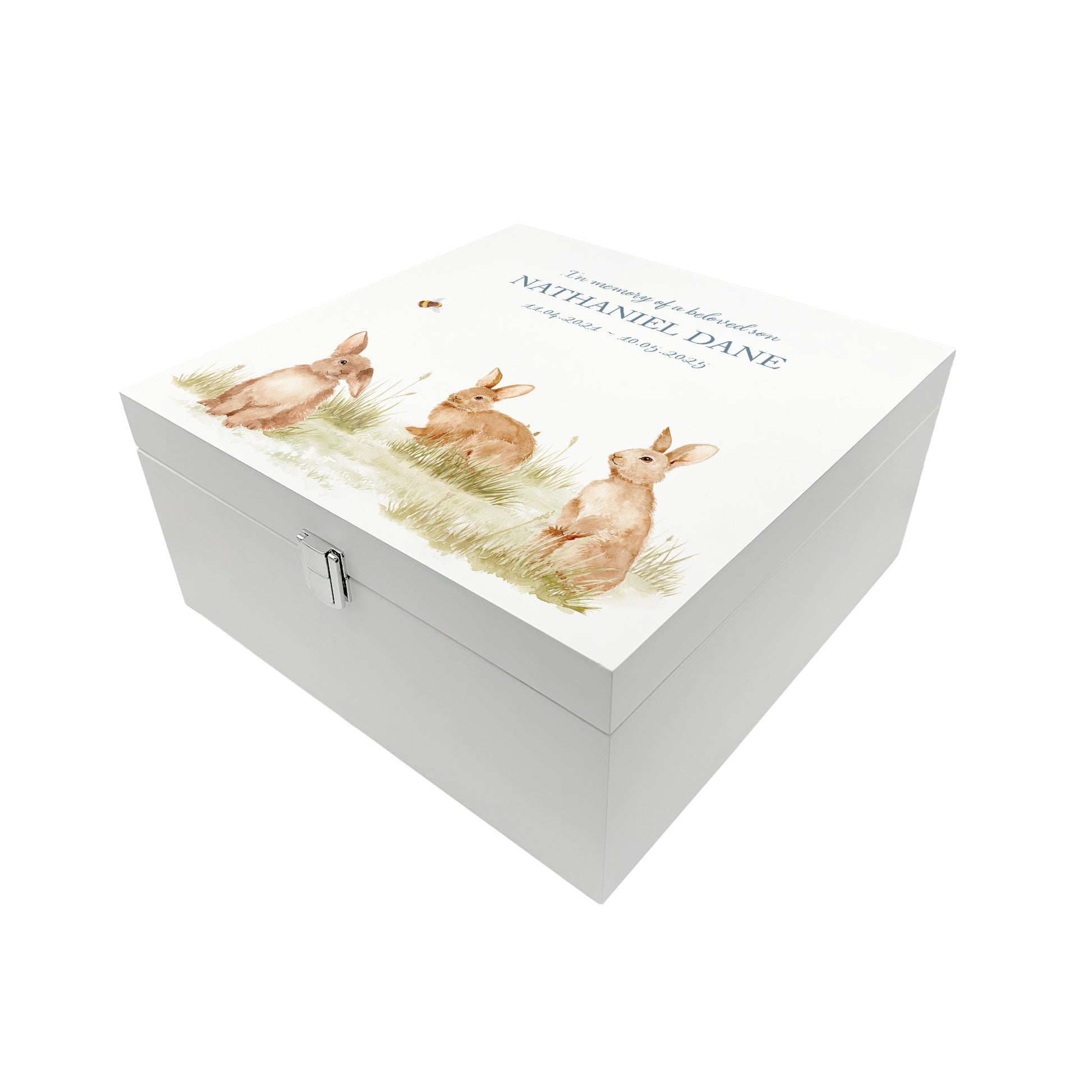 White Square personalised Wooden box with a decorative lid featuring illustrations Baby Bunnies Perfect funeral memory keepsake box, for storing ashes, order of service, flowers and coping with baby loss capturing your loved ones things in one place. 